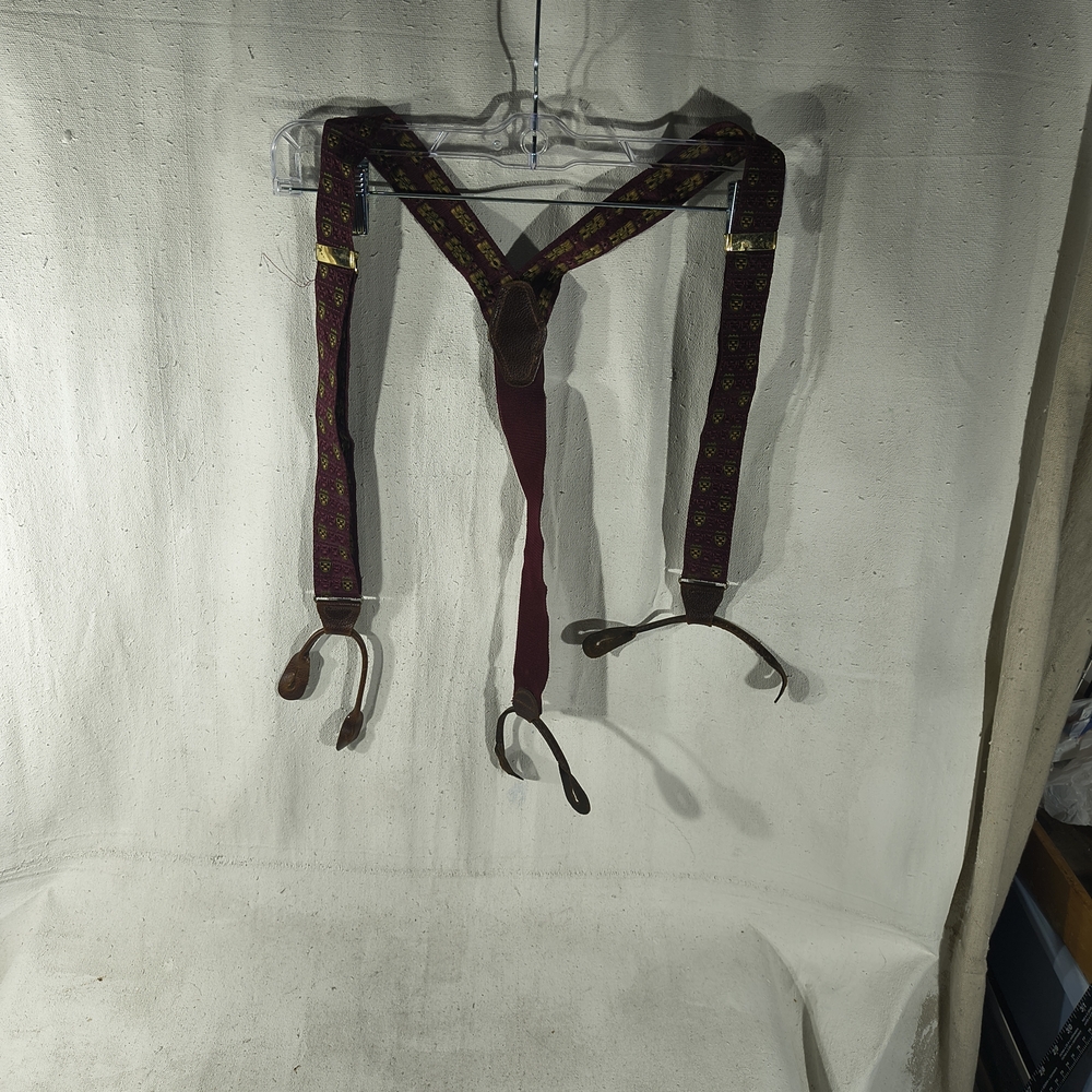 Men's Adj Silk And Leather Burgundy Suspenders "Braces" Requires Button Attatchm